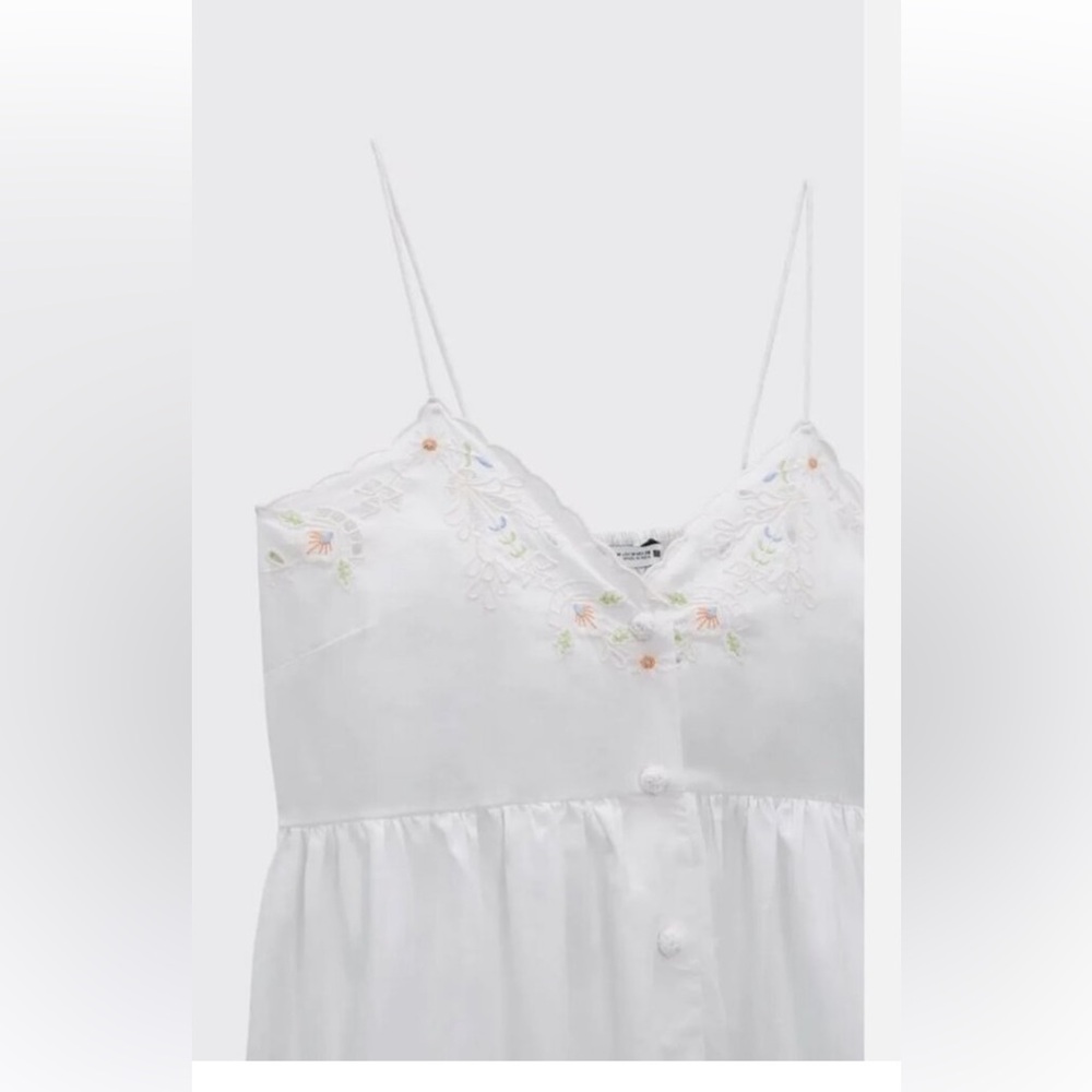 Zara White Embroidered Spaghetti Strap Dress